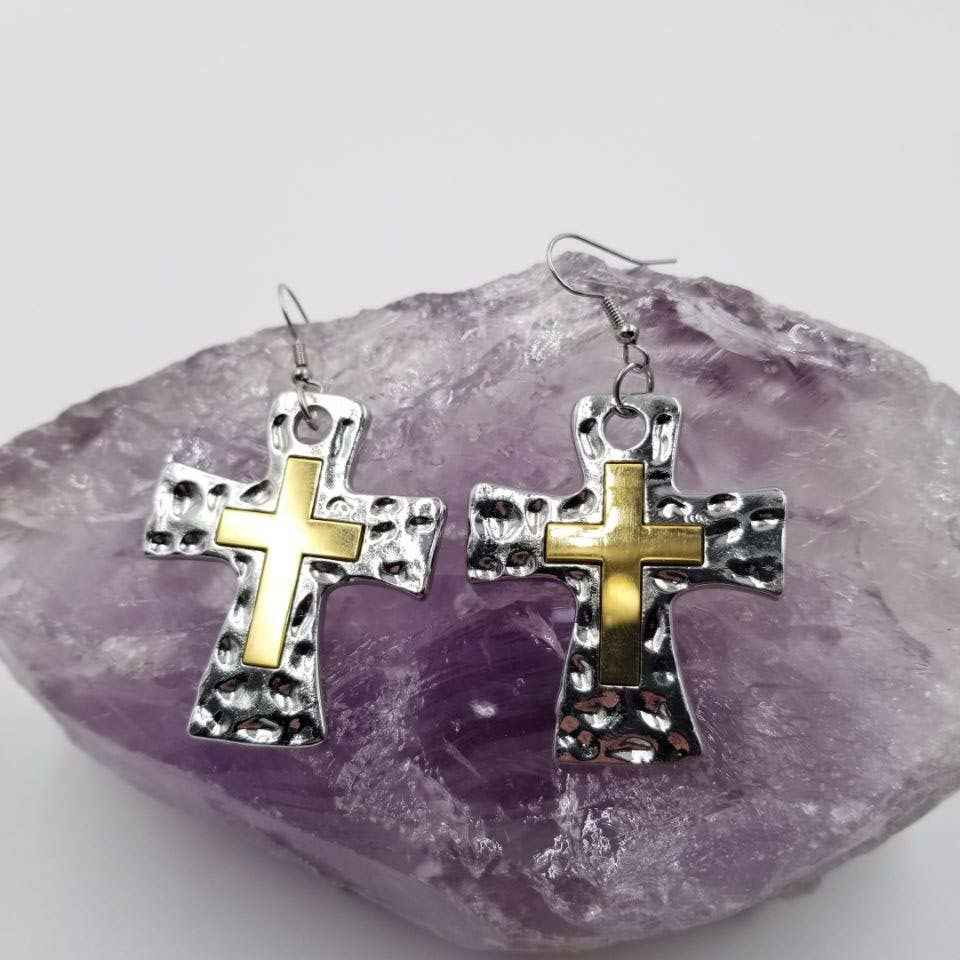 Hammered Silver Gold Layered Cross Earring