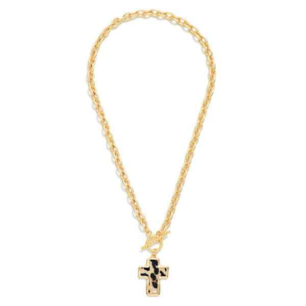 Twisted Link Chain Link Necklace Vegan Leather Cross Pendant & Toggle Clasp 162054