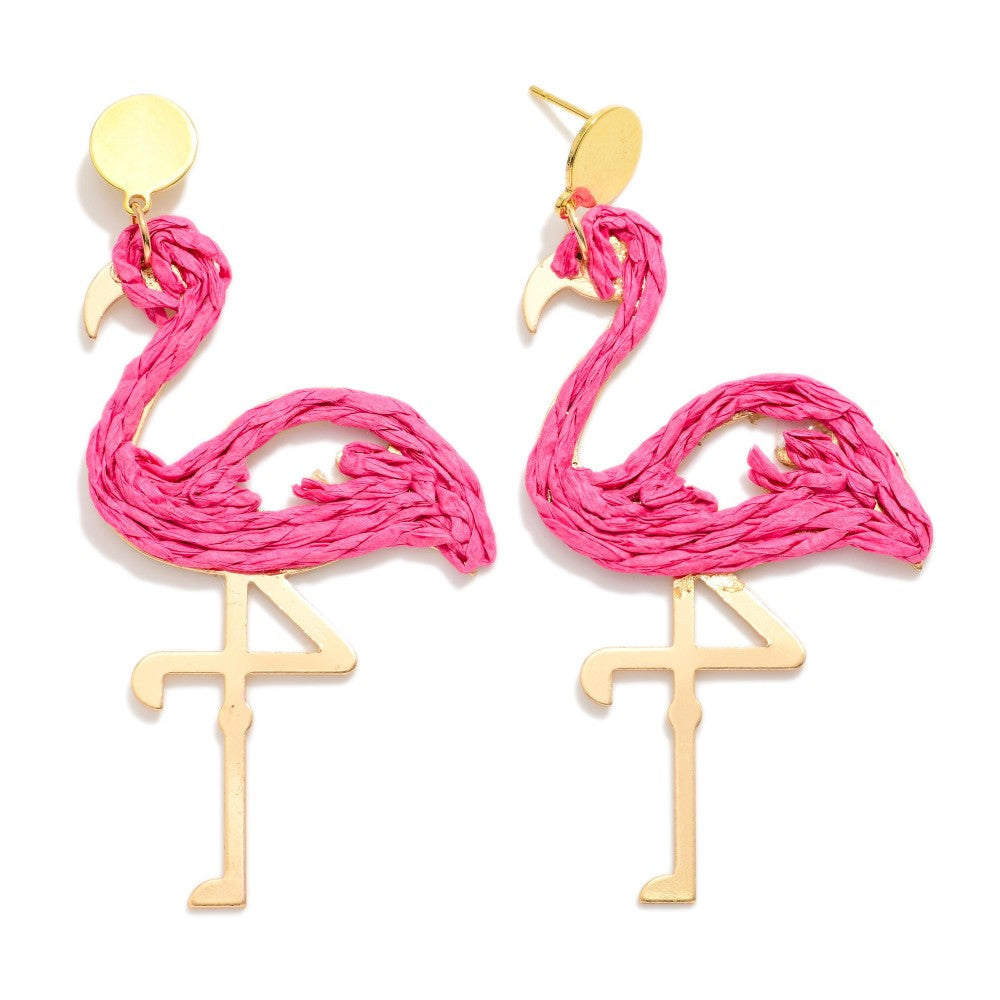 Raffia Flamingo Post Drop Earrings
