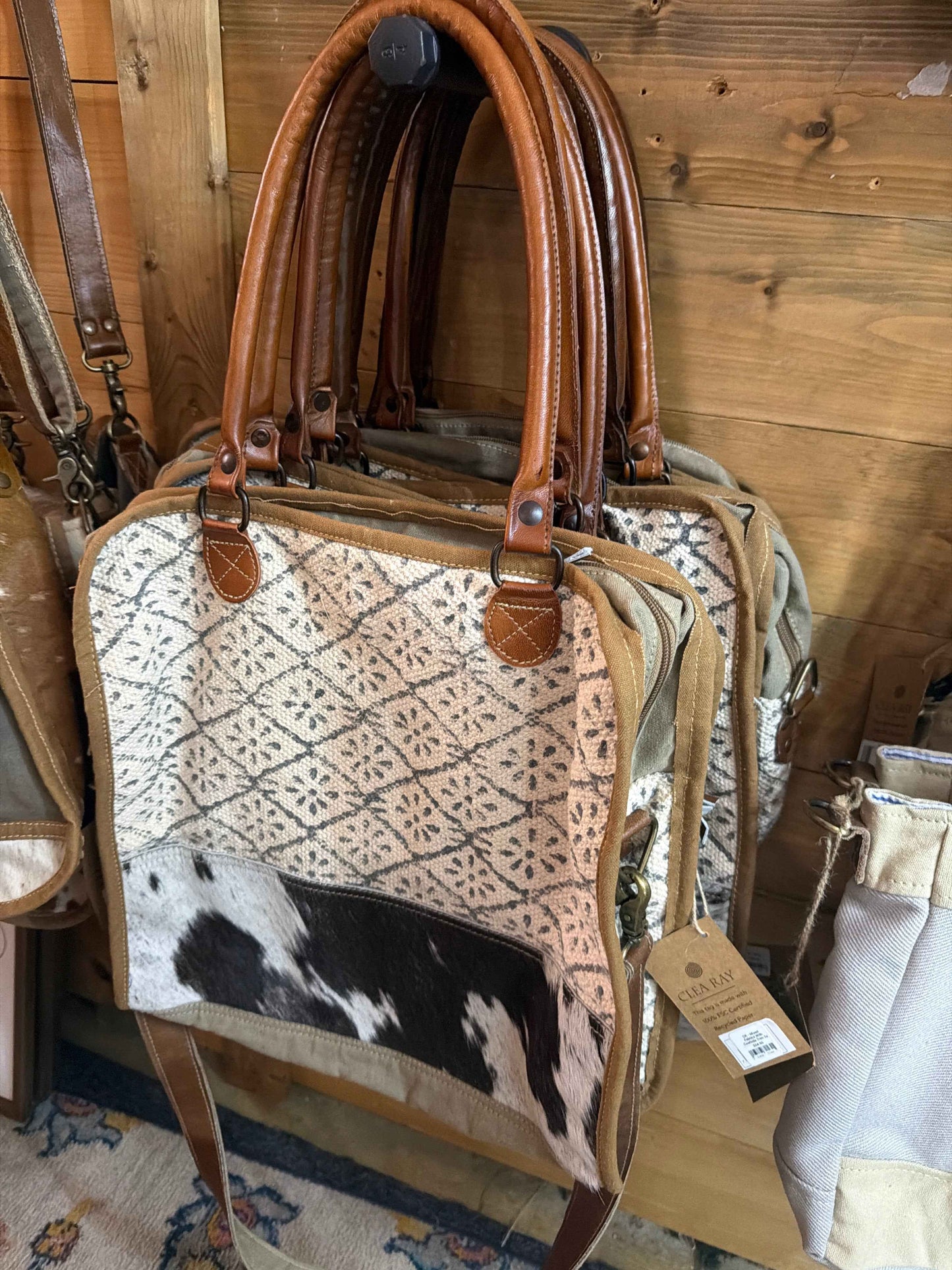 CR - Mixed Fabrics With Cowhide Trim Tote Bag SKU: 55556 - Havens Marketplace