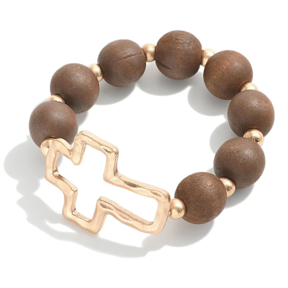 Hammered Cross Stretch Wood Beaded Bracelet