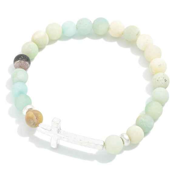 Stone Beaded Stretch Bracelet Featuring Hammered Metal Cross - Havens Marketplace