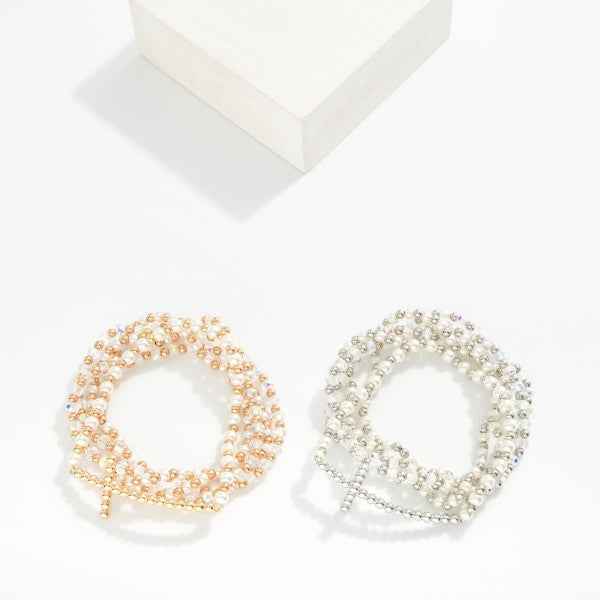 Five Beaded Stretch Bracelets Featuring Pearls, Faceted Beads, & Cross - Havens Marketplace