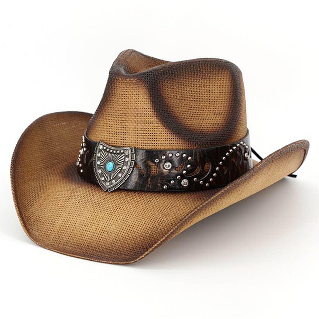Vintage Straw CowboyHat With Turquoise Shield &Sunburst Band