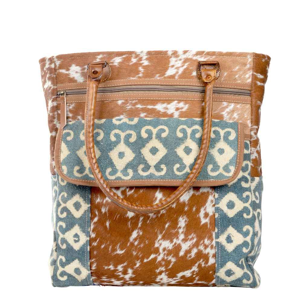 BI - Teal And Brown Tote Bag With Cowhide 55554 - Havens Marketplace