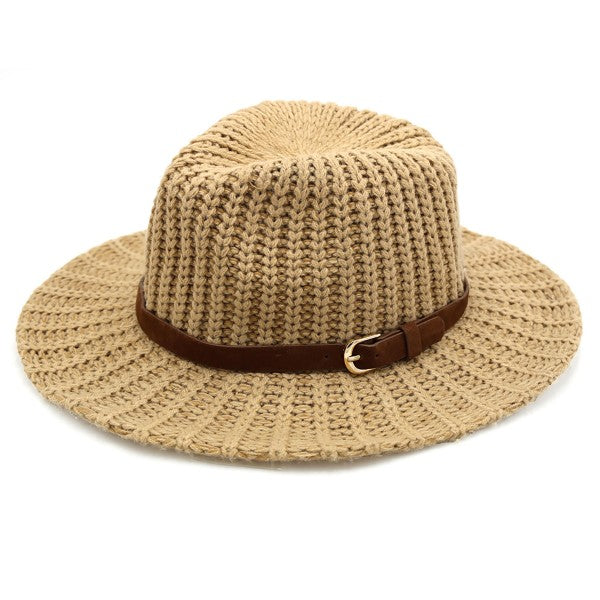 Knit Wide Brim Panama Hat With Faux Leather Band
