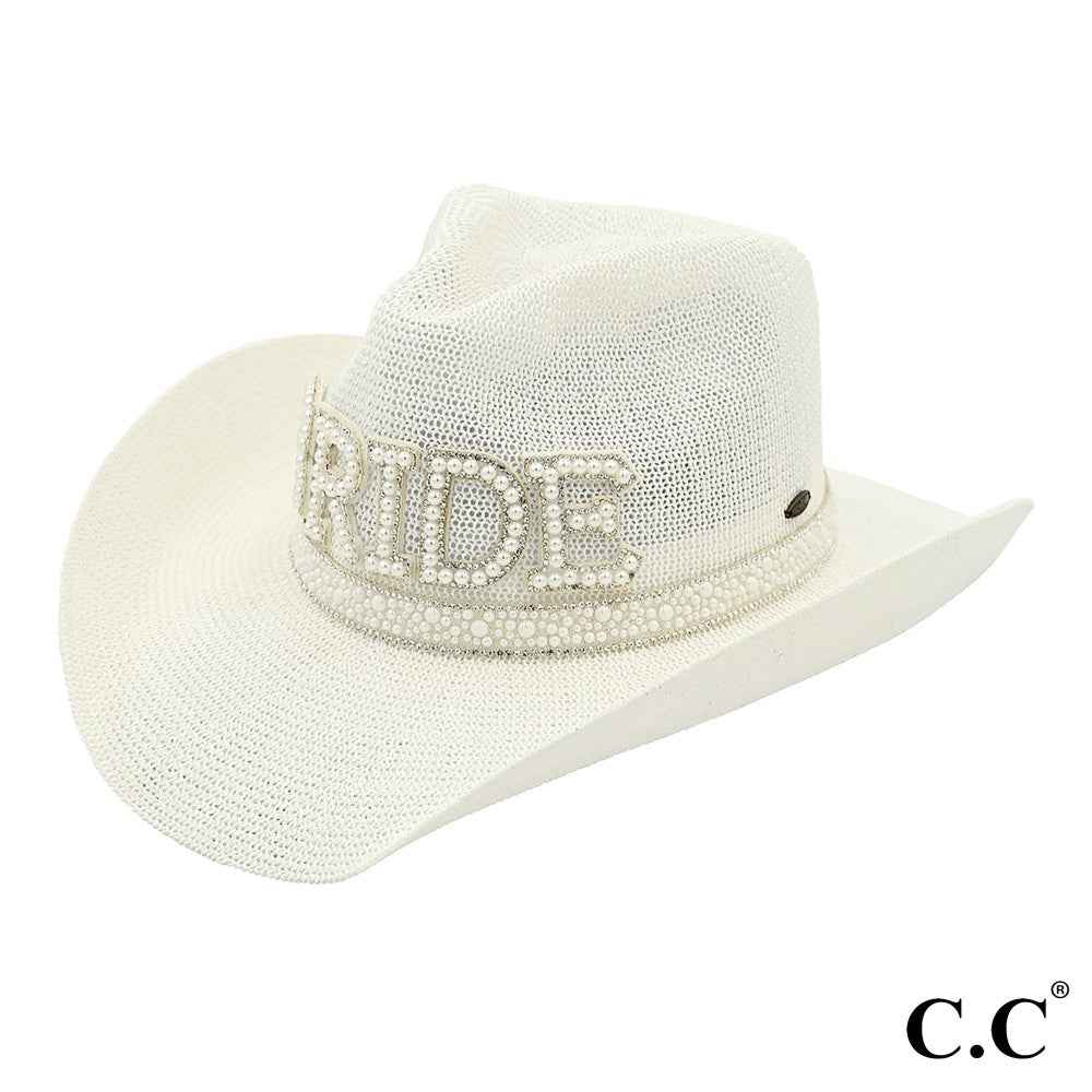 Bride Cowboy Hat W/Pearl & Rhinestone Trim Band - Havens Marketplace