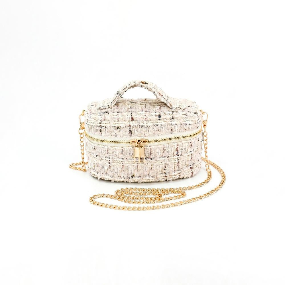 Tweed Vanity Box Bag W/A Gold Tone Chain Strap, Top Zip Closure, And A Knotted Top Handle