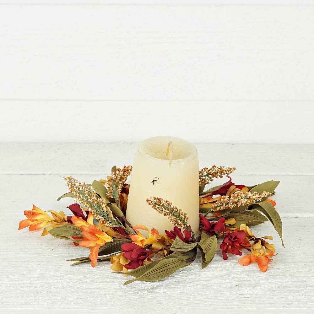 31633-3.5in Candle Ring-Orange Burgundy wild flower w/ heather