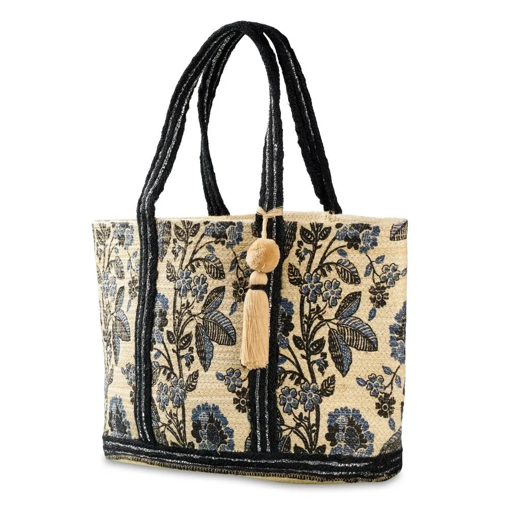 Woven Jute Tote Bag With Painted Floral Details