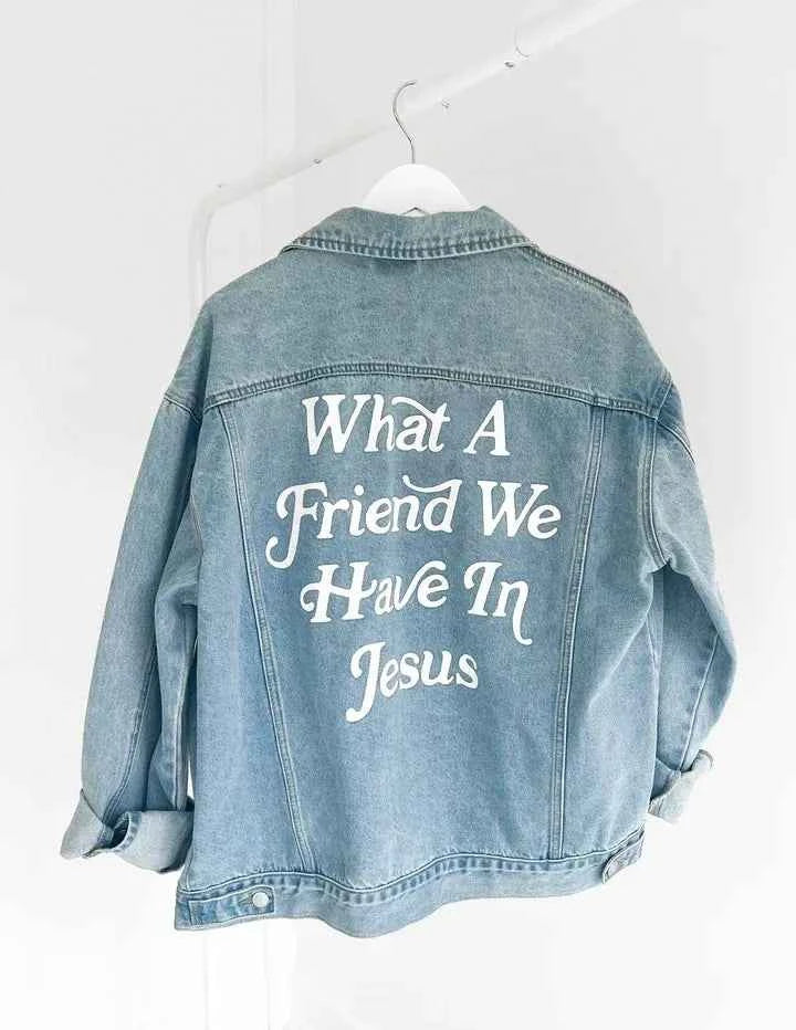 What A Friend in Jesus Jacket – Stylish Denim Outerwear for Faithful Friends - Havens Marketplace