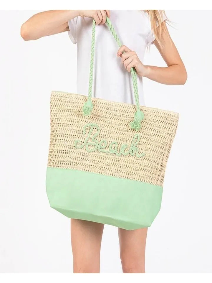 Canvas & Woven Straw Beach Tote Bag With Rope Straps