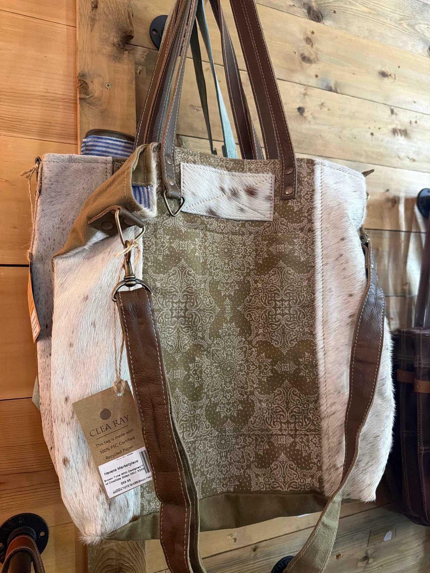 CR - Brown Tote With Designed Front And Cowhide Sides SKU: 55559 - Havens Marketplace