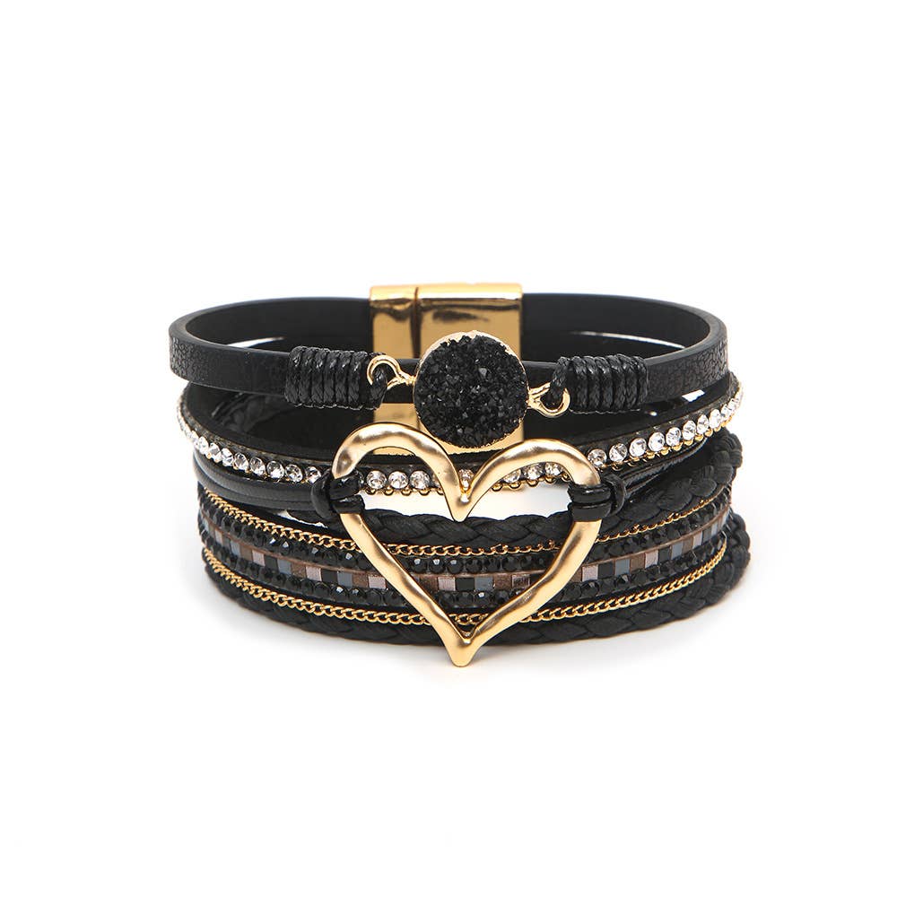 Boho Layered Heart Charm Rhinestone Magnetic Bracelet