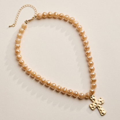 Glass Bead Hammered Cross Charm Necklace | Christian Jewelry