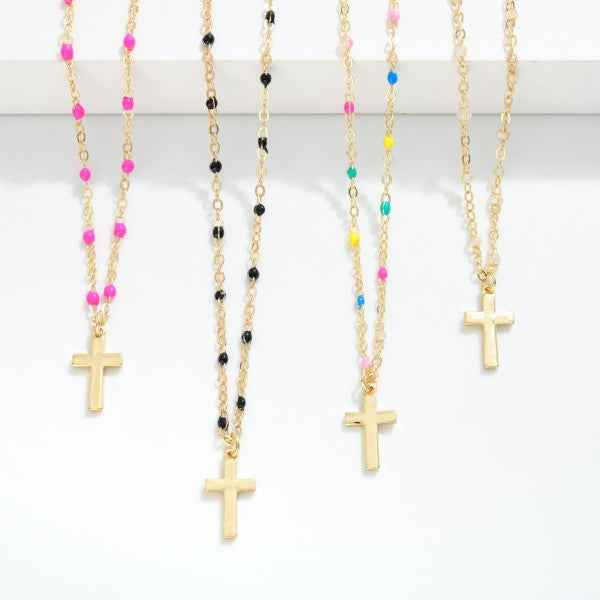Chain Link Necklace Painted Link Details Metal Tone Cross Pendant - Havens Marketplace
