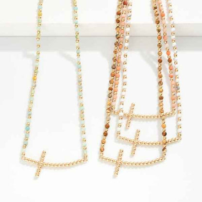 Beaded Necklace Featuring Metal Tone Bubble East West Cross - Havens Marketplace