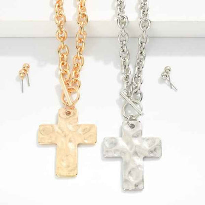 Chain Link Necklace Featuring Hammered Cross - Havens Marketplace