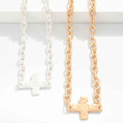 Chain Link Necklace Featuring Hammered Cross - Havens Marketplace