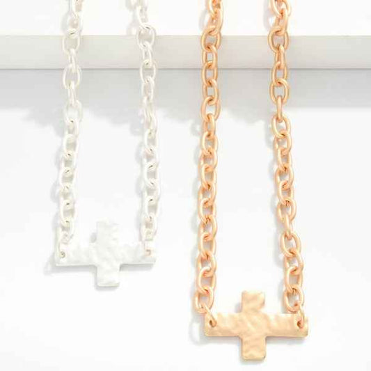 Chain Link Necklace Featuring Hammered Cross - Havens Marketplace