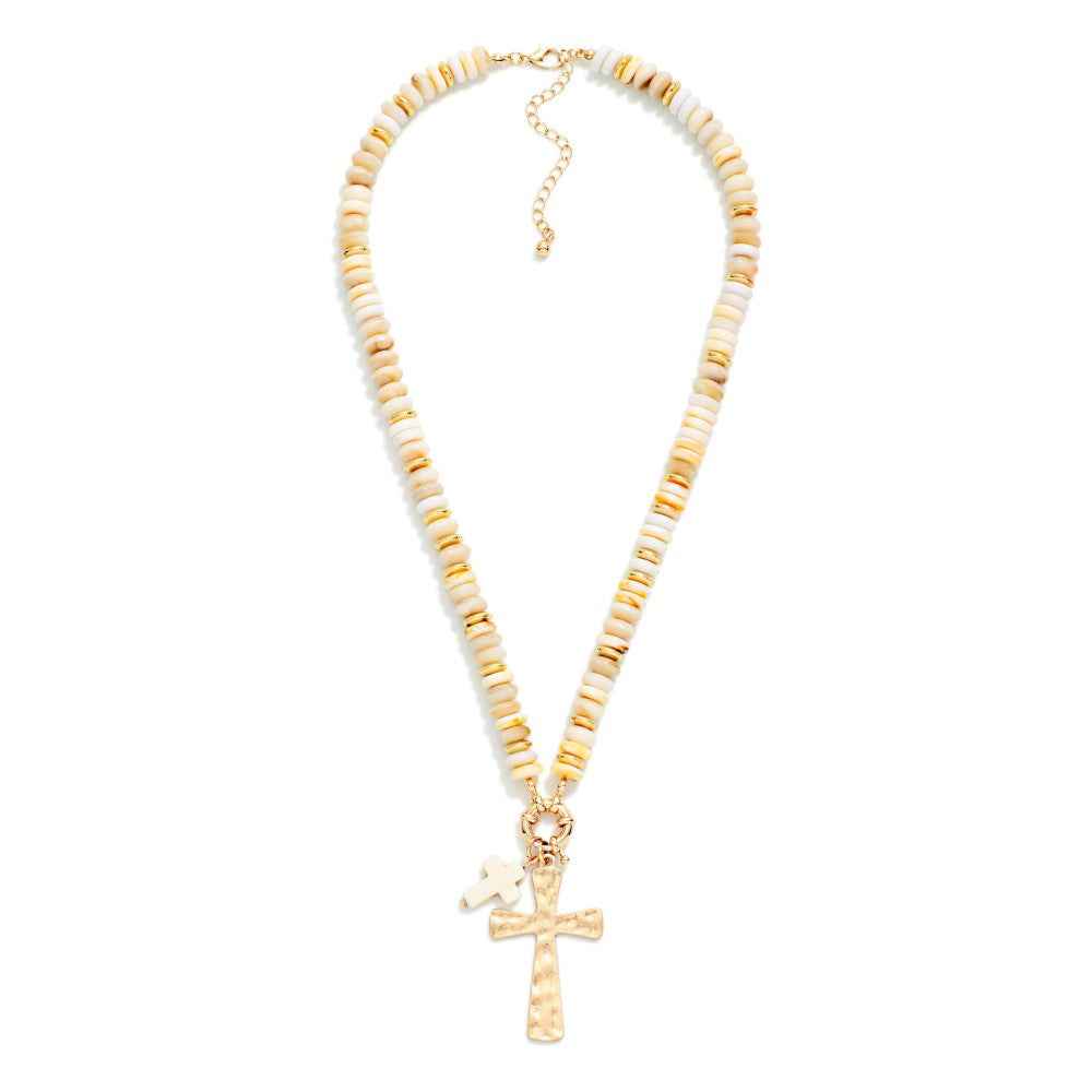 Stone Disk Beaded Necklace With Stone & Hammered Crosses Pendant