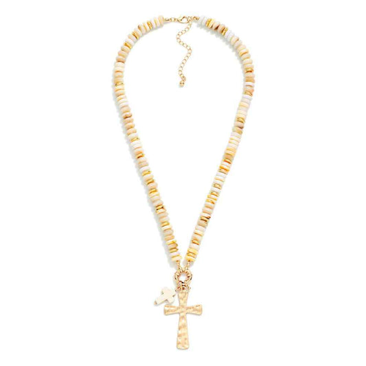 Stone Disk Beaded Necklace With Stone & Hammered Crosses Pendant