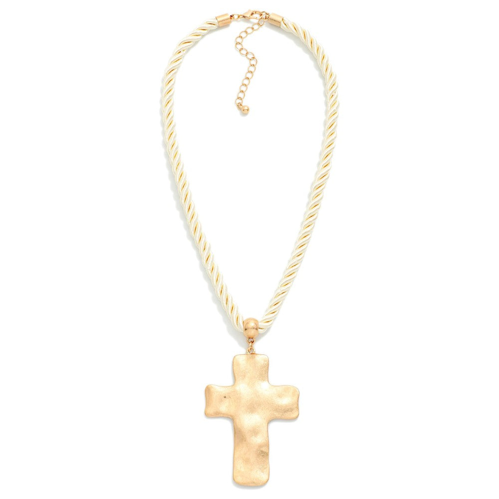 Twisted Rope Necklace Featuring Large Hammered Metal Cross Pendant
