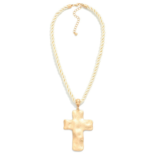 Twisted Rope Necklace Featuring Large Hammered Metal Cross Pendant