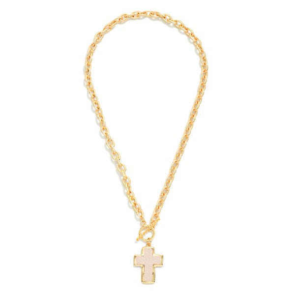 Twisted Link Chain Link Necklace Vegan Leather Cross Pendant & Toggle Clasp 162054
