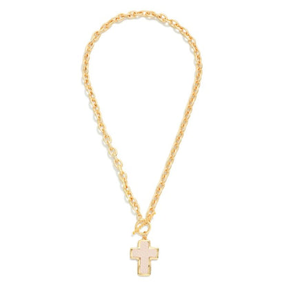 Twisted Link Chain Link Necklace Vegan Leather Cross Pendant & Toggle Clasp 162054