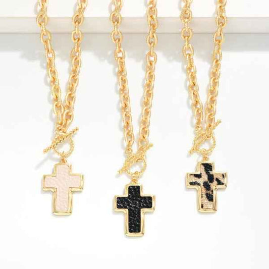 Twisted Link Chain Link Necklace Vegan Leather Cross Pendant & Toggle Clasp 162054