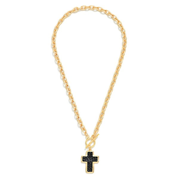 Twisted Link Chain Link Necklace Vegan Leather Cross Pendant & Toggle Clasp 162054