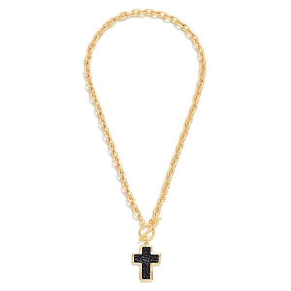 Twisted Link Chain Link Necklace Vegan Leather Cross Pendant & Toggle Clasp 162054