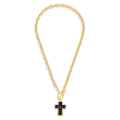 Twisted Link Chain Link Necklace Vegan Leather Cross Pendant & Toggle Clasp 162054