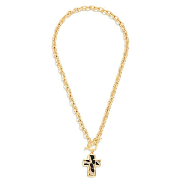Twisted Link Chain Link Necklace Vegan Leather Cross Pendant & Toggle Clasp 162054