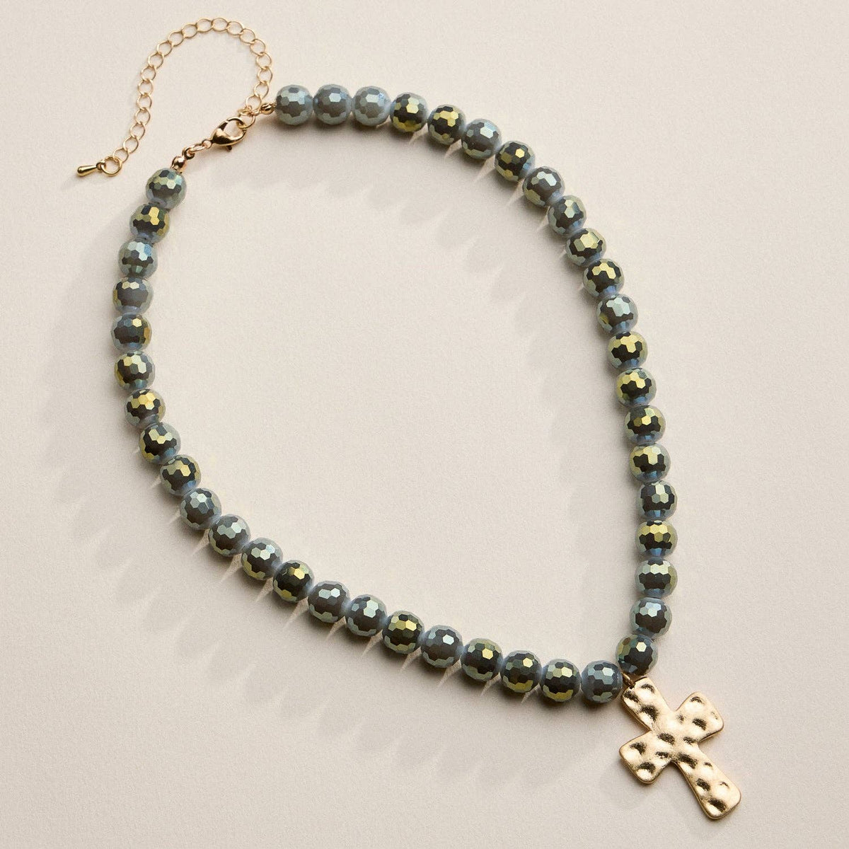 Glass Bead Hammered Cross Charm Necklace | Christian Jewelry