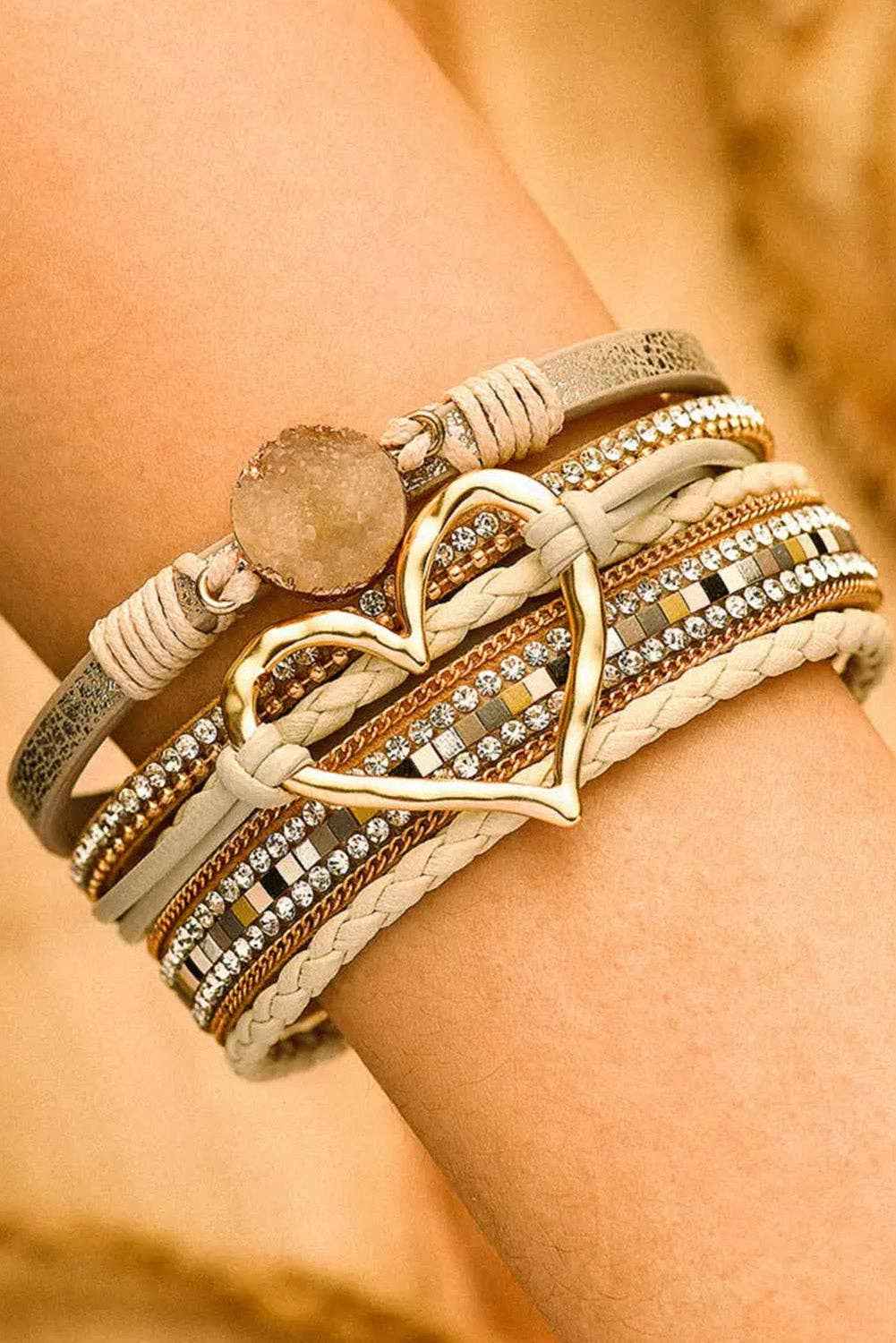 Boho Layered Heart Charm Rhinestone Magnetic Bracelet