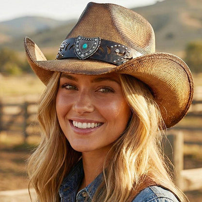 Vintage Straw CowboyHat With Turquoise Shield &Sunburst Band