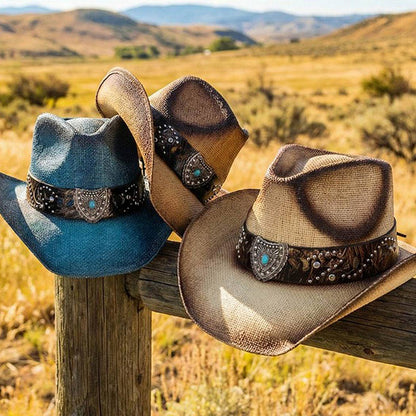 Vintage Straw CowboyHat With Turquoise Shield &Sunburst Band