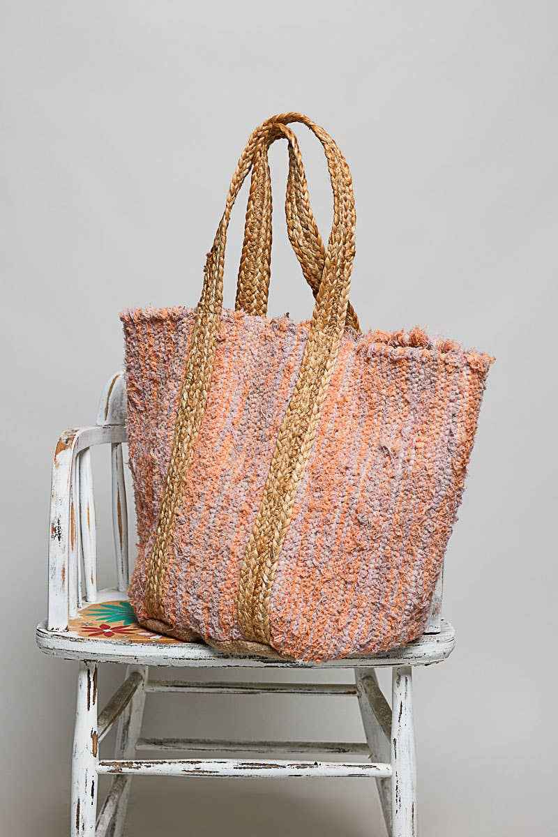Handwoven Orange Striped Textured Bohemian Casual Tote Bag