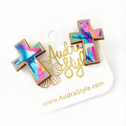 Blue and Pink Abstract Cross Stud - Colorful Earring