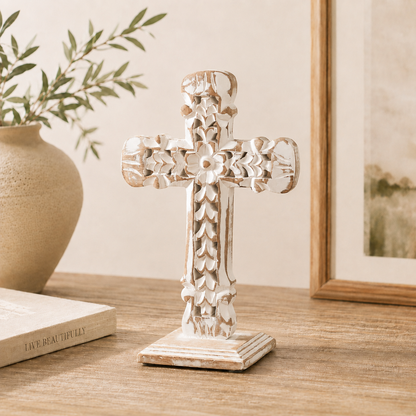 Natural Distressed White Wooden Cross w/ Rosette 13x8