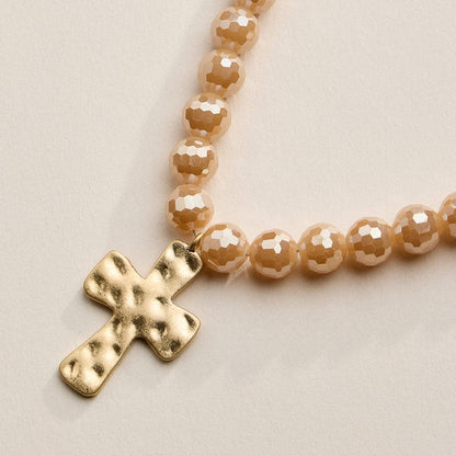 Glass Bead Hammered Cross Charm Necklace | Christian Jewelry