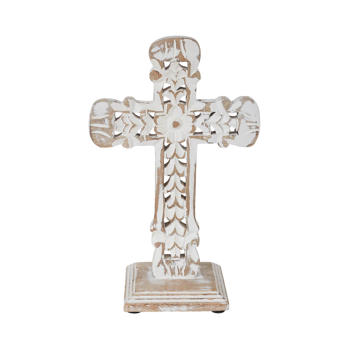 Natural Distressed White Wooden Cross w/ Rosette 13x8