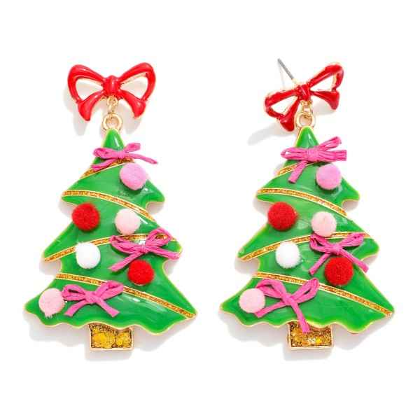 Metal Bow Christmas Tree Post Drop Earrings - Havens Marketplace