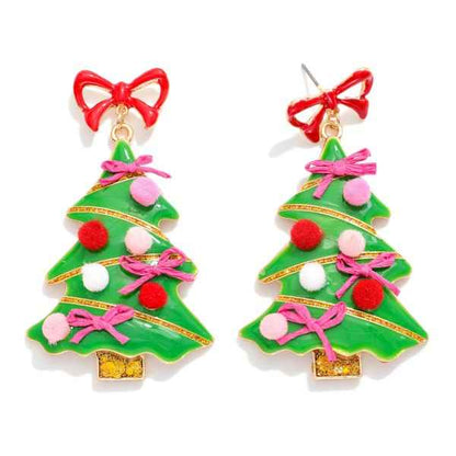 Metal Bow Christmas Tree Post Drop Earrings - Havens Marketplace