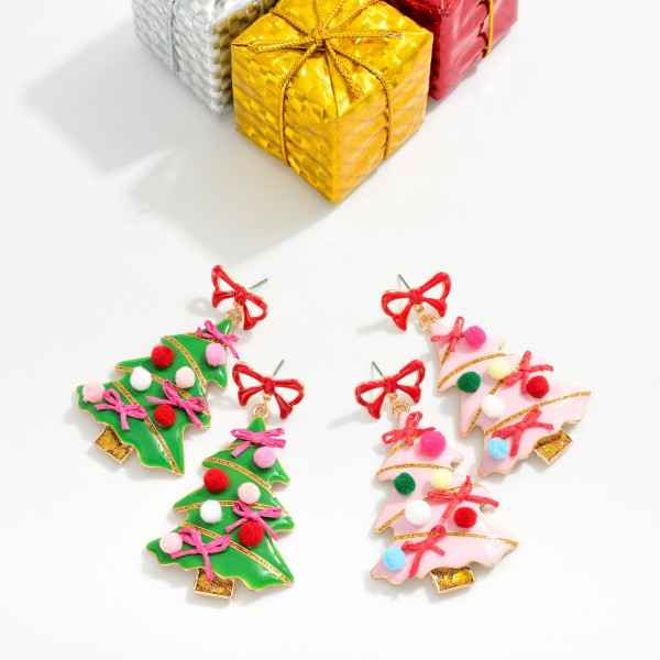 Metal Bow Christmas Tree Post Drop Earrings - Havens Marketplace