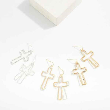 Layered Hammered Metal Hollow Cross Drop Earrings - Havens Marketplace