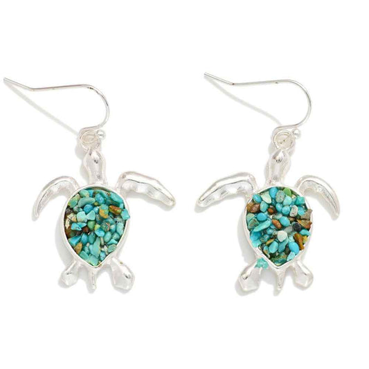 Metal Tone & Stone Sea Turtle Drop Earrings - Havens Marketplace