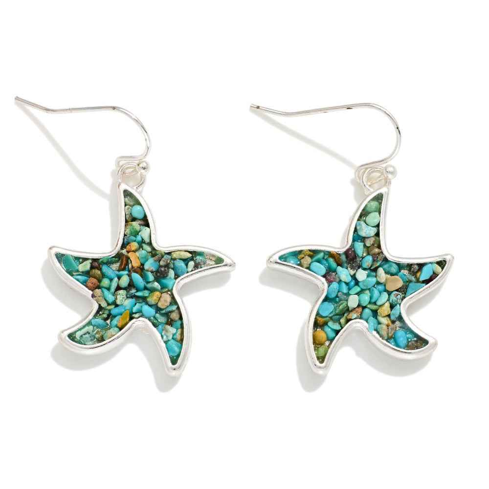 Metal Tone & Stone Star Fish Drop Earrings - Havens Marketplace